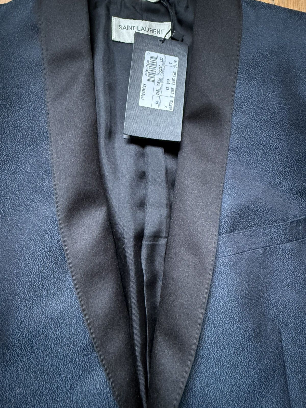 Hedi Slimane × Saint Laurent Paris F/W13 Blue Glitter Babycat Smoking Shawl Blazer Size 48R - 3 Thumbnail