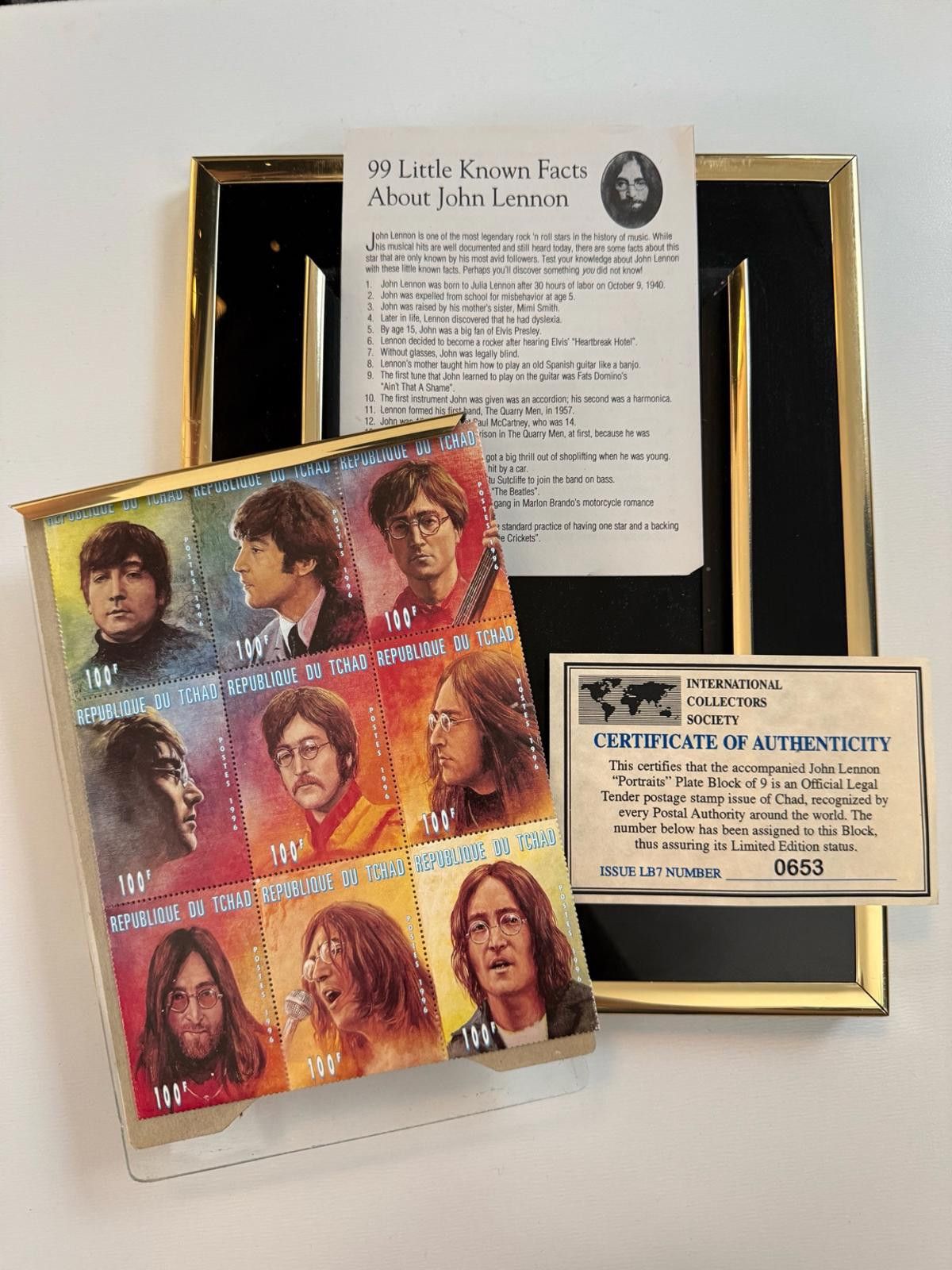 Other RARE John Lennon Ephemera - Chad 9-Stamp Plate + Frame + COA Size ONE SIZE - 1 Thumbnail