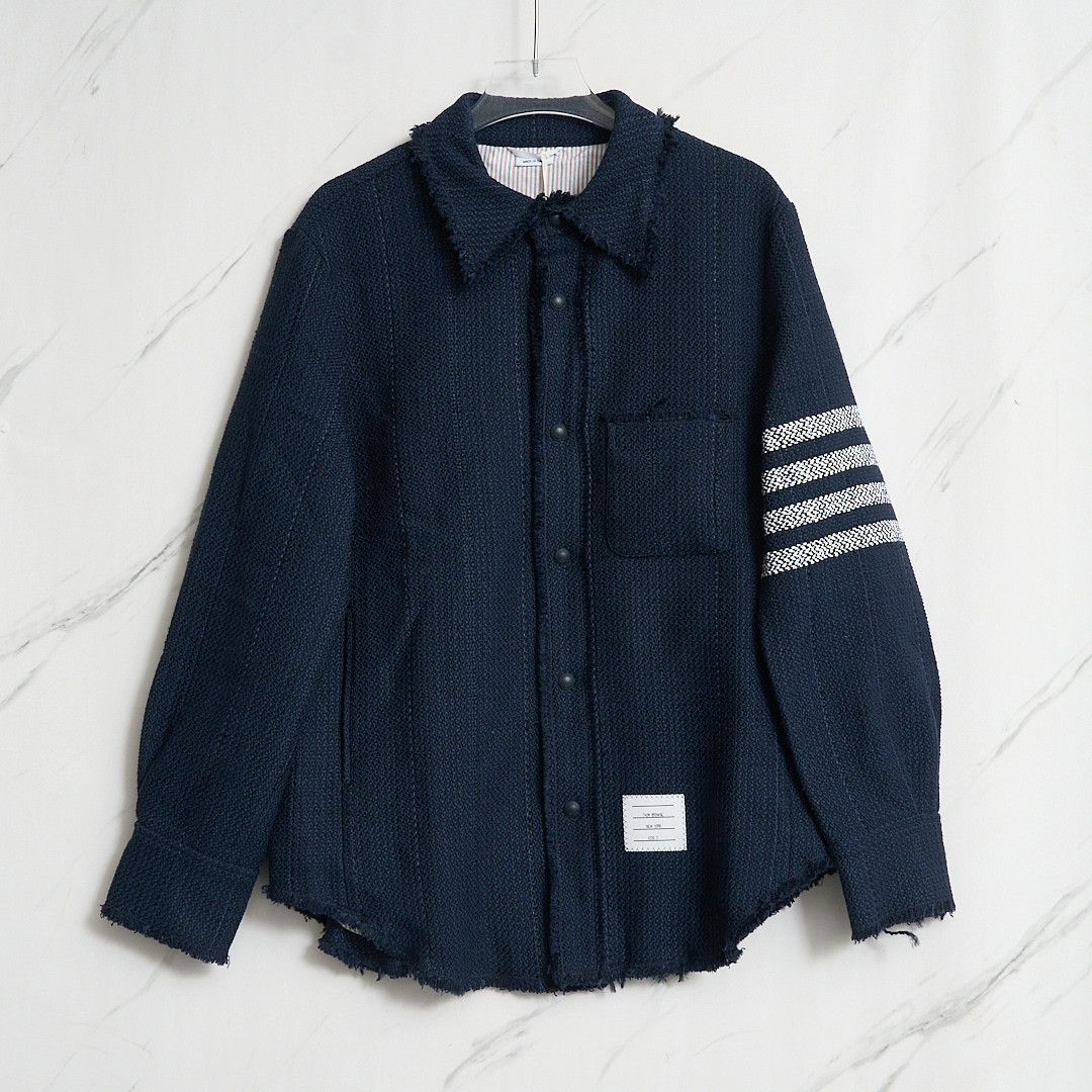 Thom Browne Thom Browne Men's Navy Tweed Fringe Coat Size US M / EU 48-50 / 2 - 1 Thumbnail