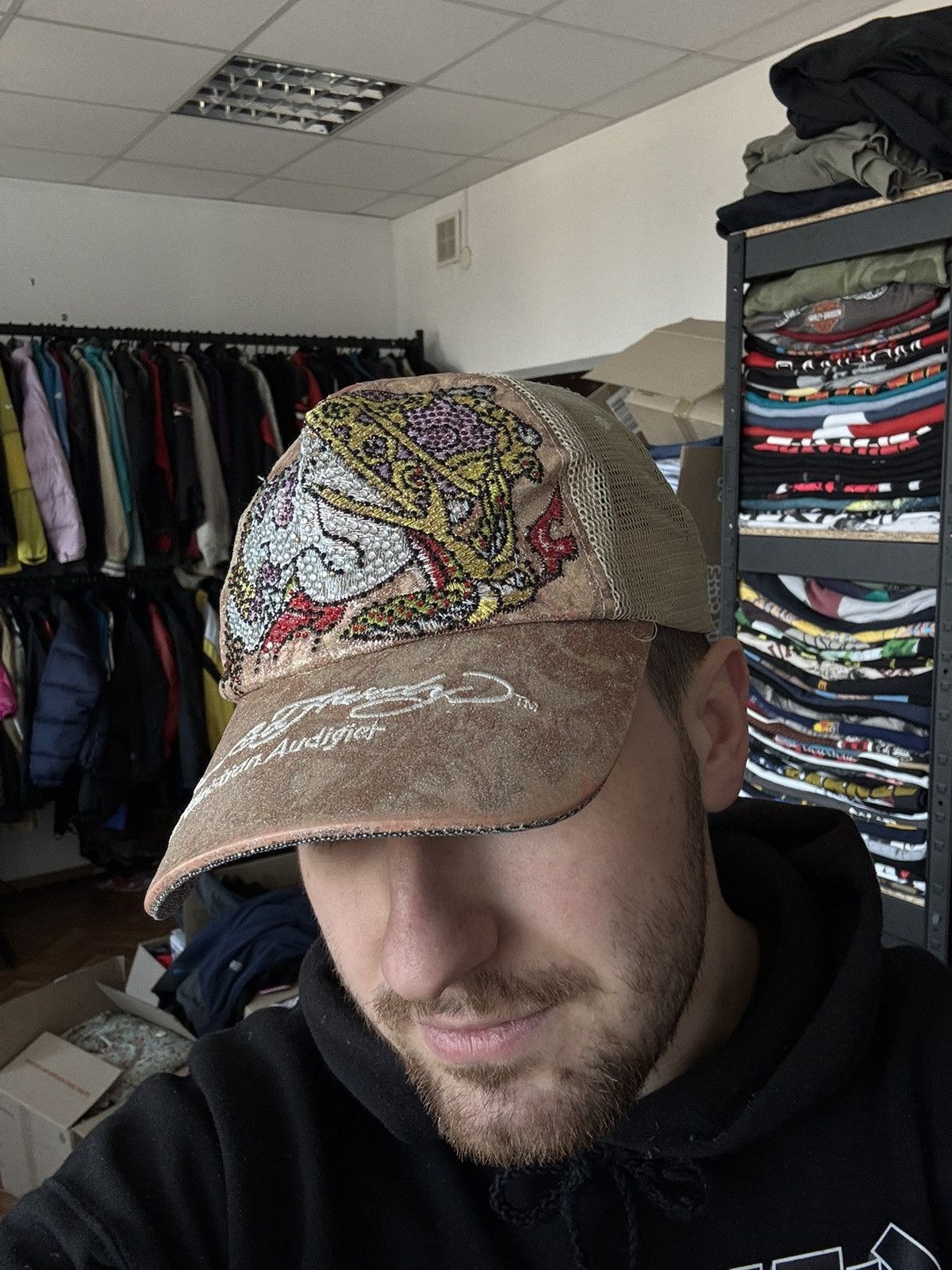 Ed Hardy × Vintage Vintage Ed Hardy Audigier brown cap rhinestones hat Size ONE SIZE - 1 Thumbnail
