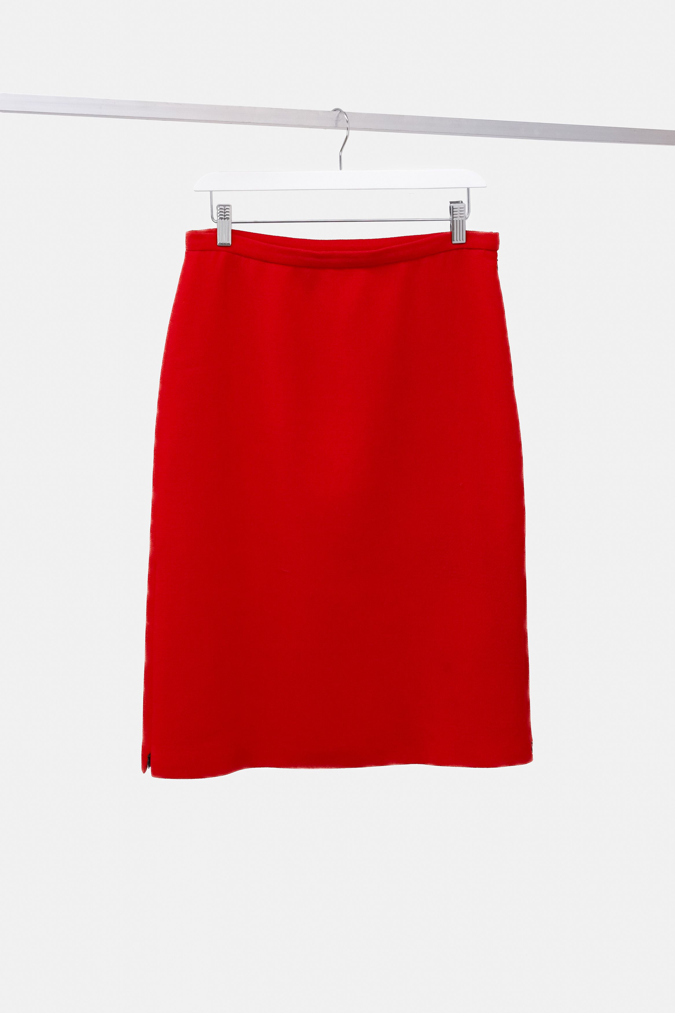 Image of Designer Dennis Merotto Red Crepe Wool Pencil Skirt, Women's (Size 30)