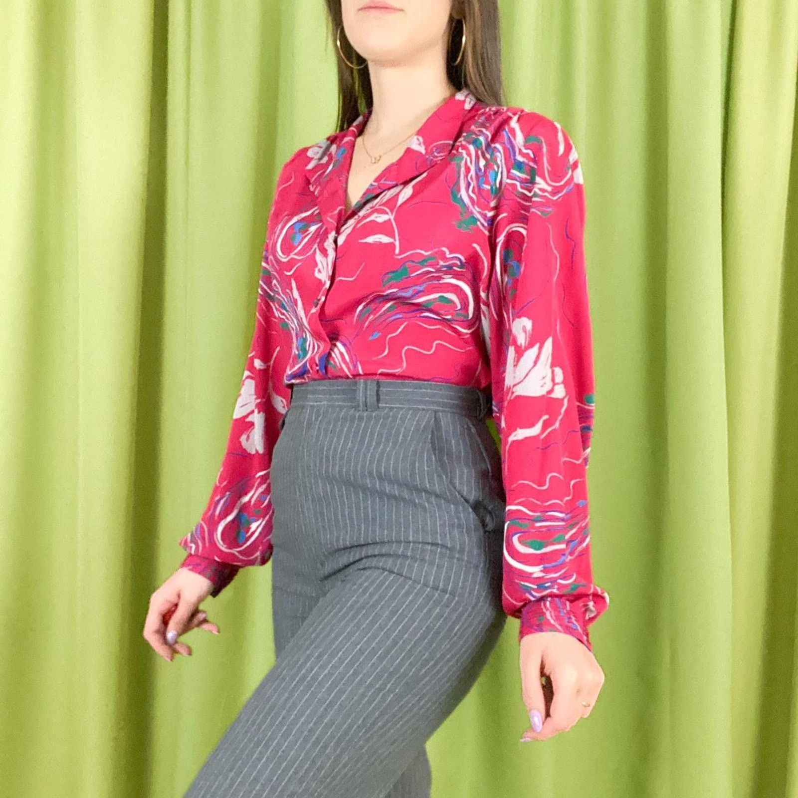 Vintage 80s Vintage Hot Pink and Blue Floral Print Mock Neck Blouse Size L / US 10 / IT 46 - 4 Thumbnail