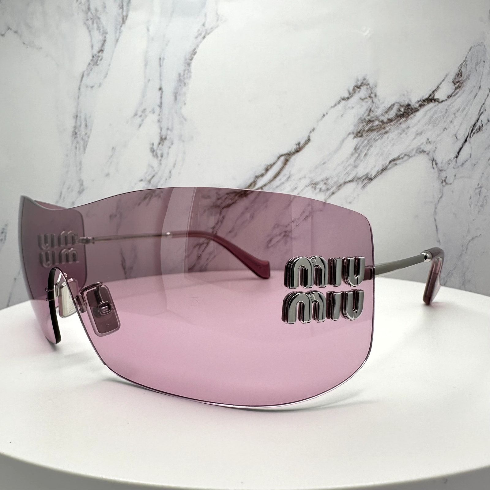 Miu Miu New MIU MIU Sunglasses Silver Pink Mirror Rimless Wrap Size ONE SIZE - 7 Thumbnail