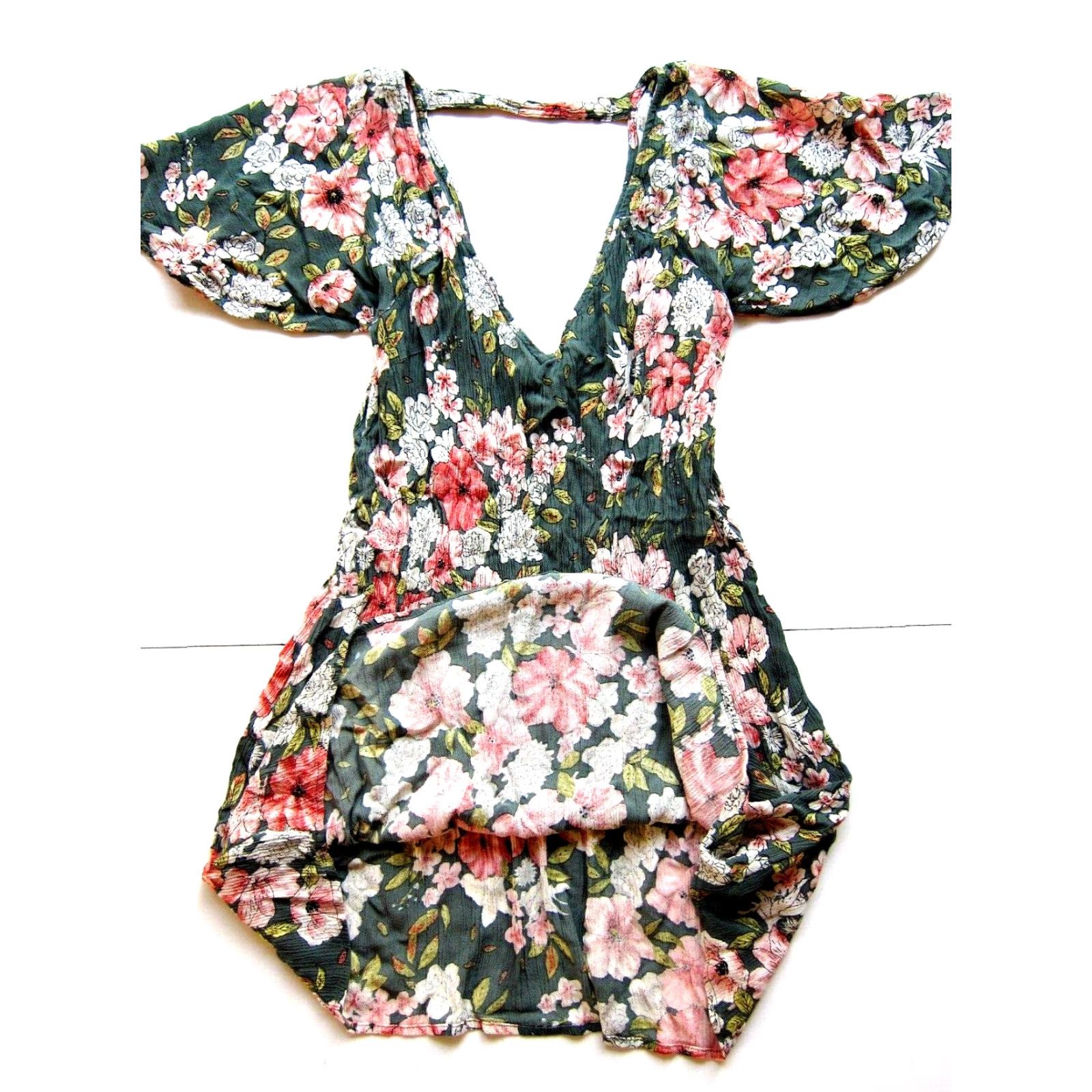 Billabong Billabong 100% Rayon Green Pink Floral V-Neck Short Sleeve Dress Small Size 28" / US 6 / IT 42 - 6 Thumbnail