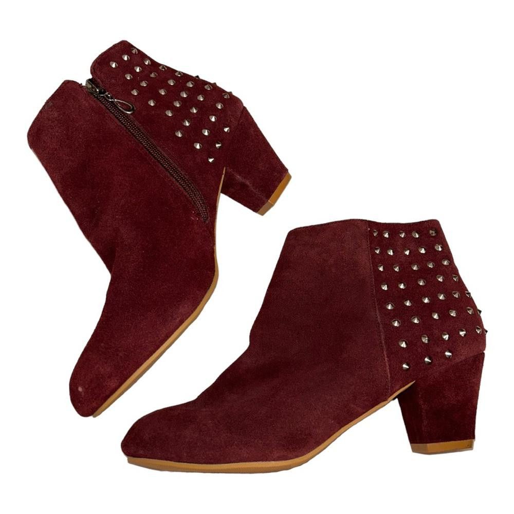 Designer mark. I Maroon Faux Suede Spiked Booties Size 10 Size US 10 / IT 40 - 1 Thumbnail