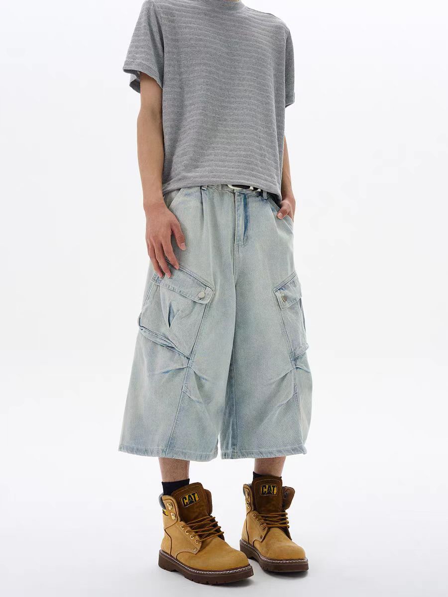 Japanese Brand Washed and distressed frayed baggy 7-minute denim shorts Size US 30 / EU 46 - 5 Thumbnail