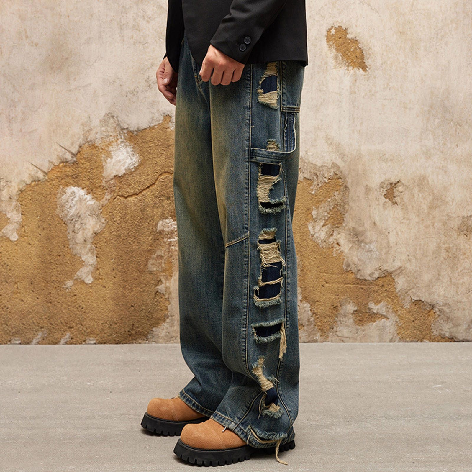 Jean Heavy Distressed Work Jeans – Washed, Loose Straight Size US 30 / EU 46 - 3 Thumbnail