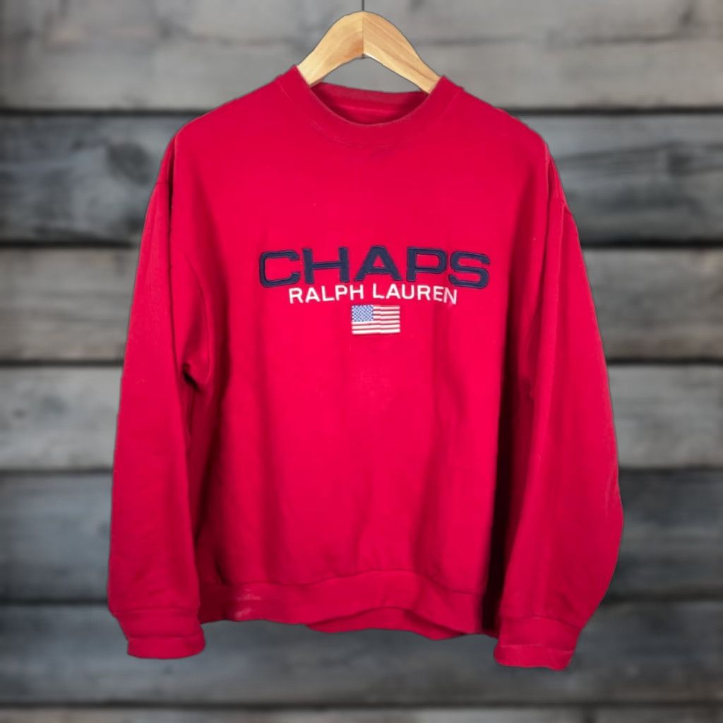 Chaps VINTAGE Chaps Ralph Lauren Sweatshirt Pullover Crew Neck Red Embroidered Flag Polo 90s Mens Large Size US L / EU 52-54 / 3 - 1 Thumbnail
