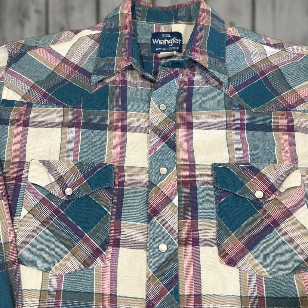 Wrangler VINTAGE Wrangler Western Pearl Snap Shirt Men Large Plaid Long Sleeve Go West Teal Pink Size US L / EU 52-54 / 3 - 1 Thumbnail