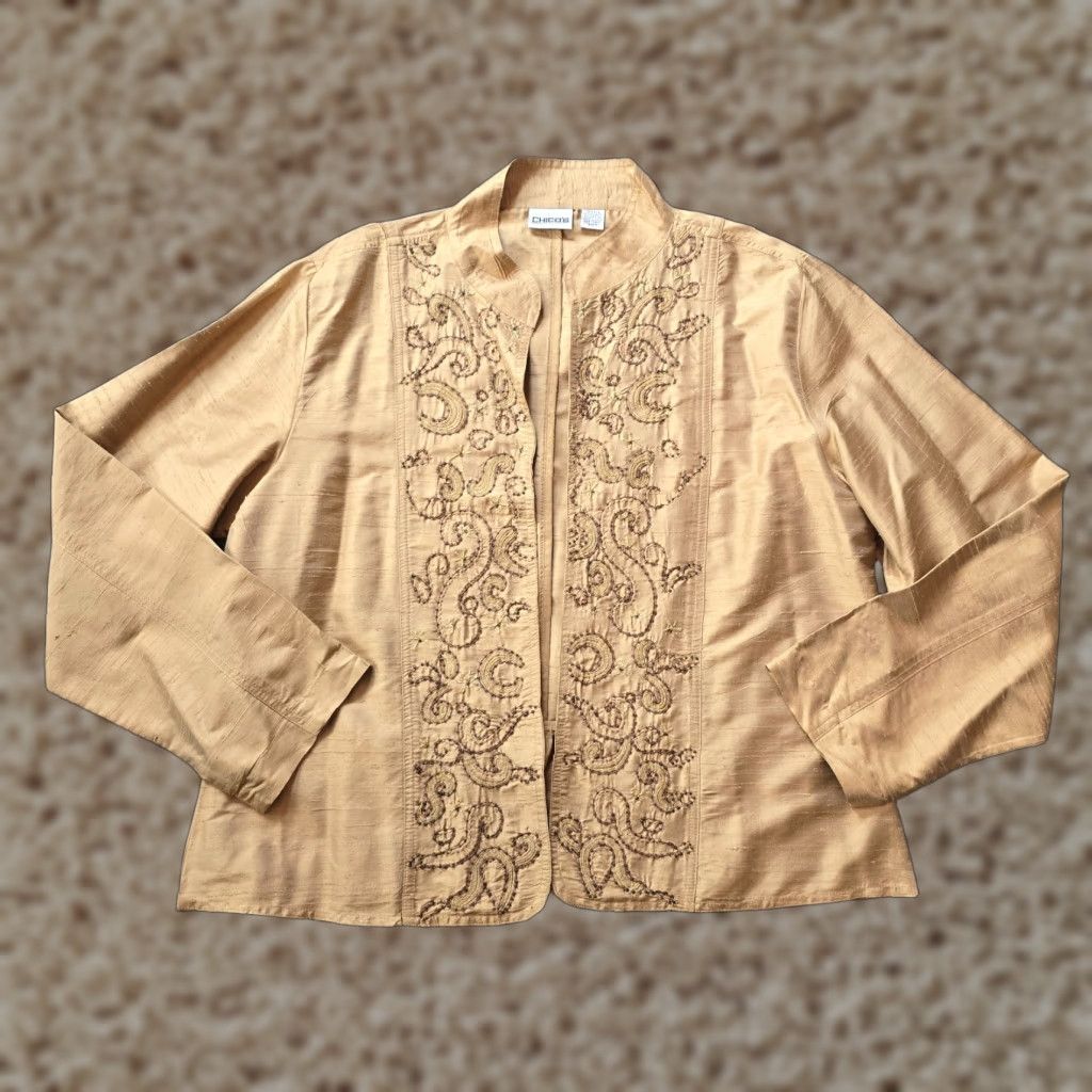 Vintage Chicos Jacket Womens XL Beige Silk Open Beaded Embroidery Classic Career Ladies Open Front Long Sleeve Jacket Size XL / US 12-14 / IT 48-50 - 1 Thumbnail