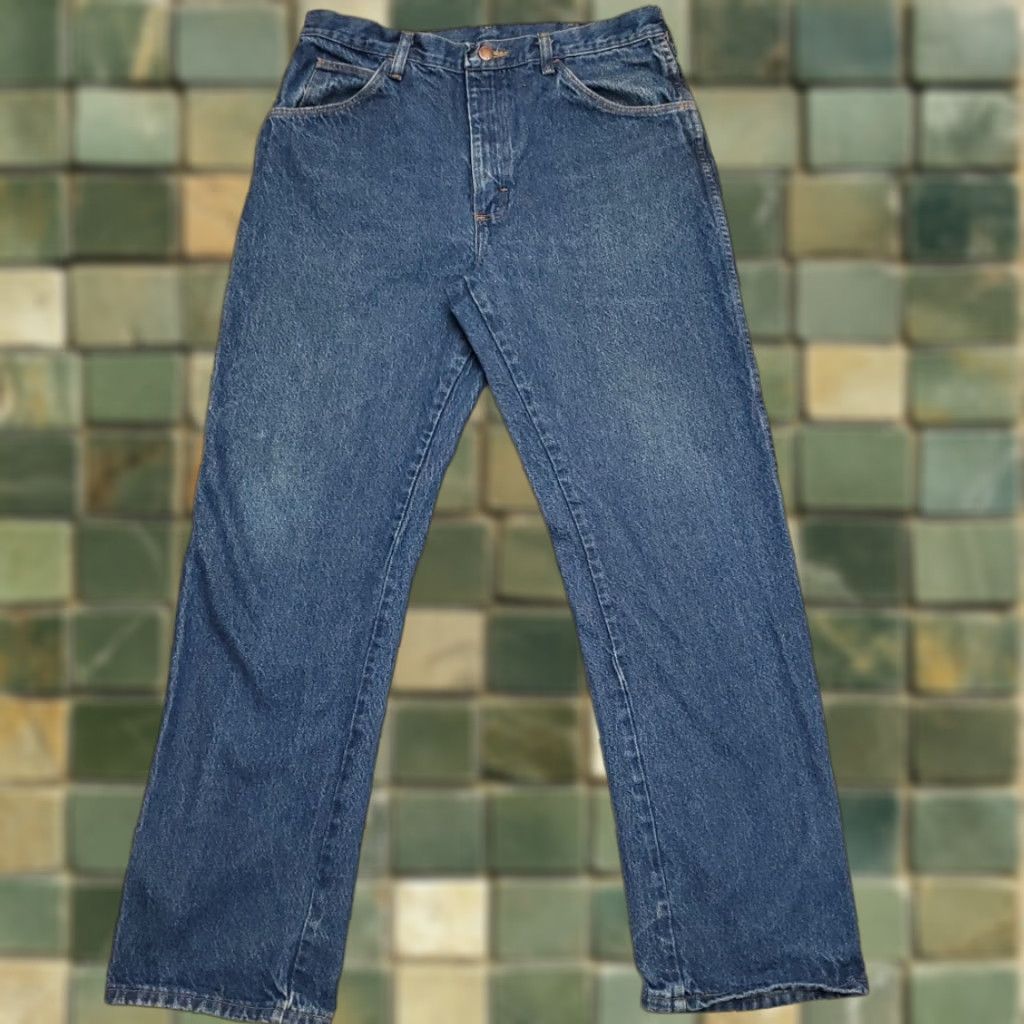 Denime VINTAGE Rustler Jeans Mens 35x32 Blue Denim 100% Cotton Rustler Casual Straight 5-Pocket Mens Blue Denim Casual American Western 1990s Size US 35 - 1 Thumbnail