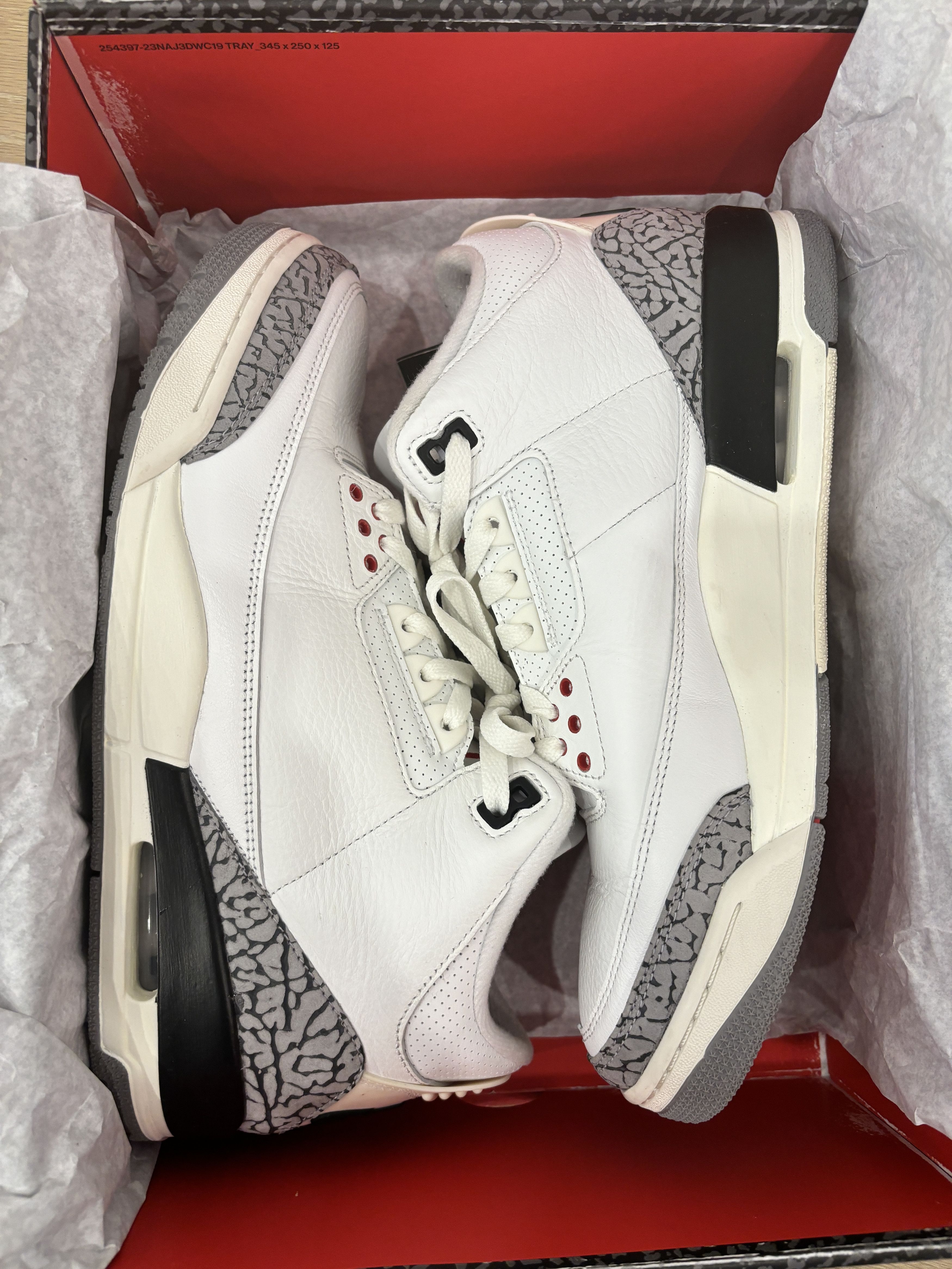 image of Jordan Brand 3 White Cement Reimagined Shoes in Summit White/Fire Red/Black, Men's (Size 11)