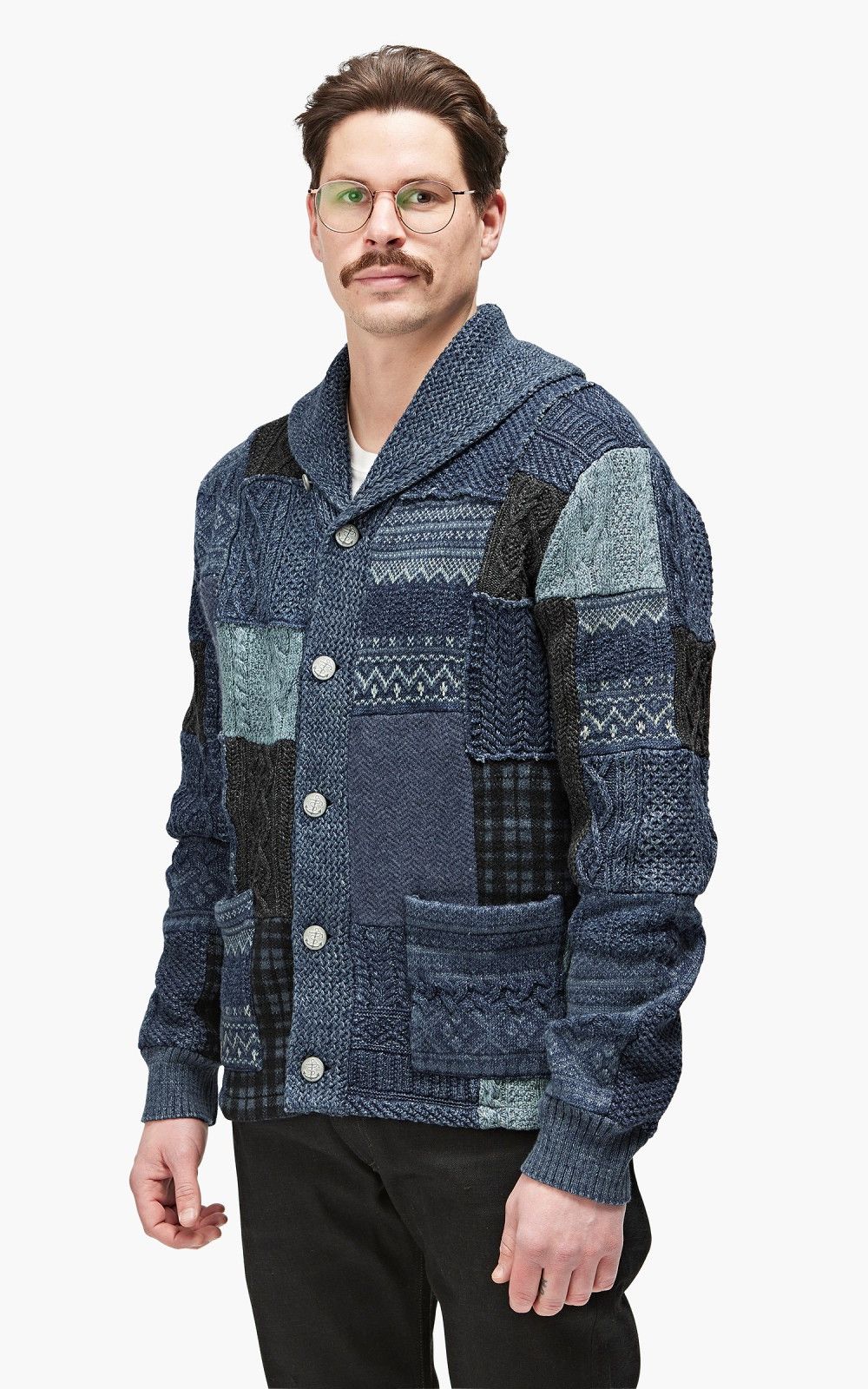 RRL Ralph Lauren RRL PATCHWORK SHAWL COLLAR CARDIGAN INDIGO BLUE Size US M / EU 48-50 / 2 - 1 Thumbnail
