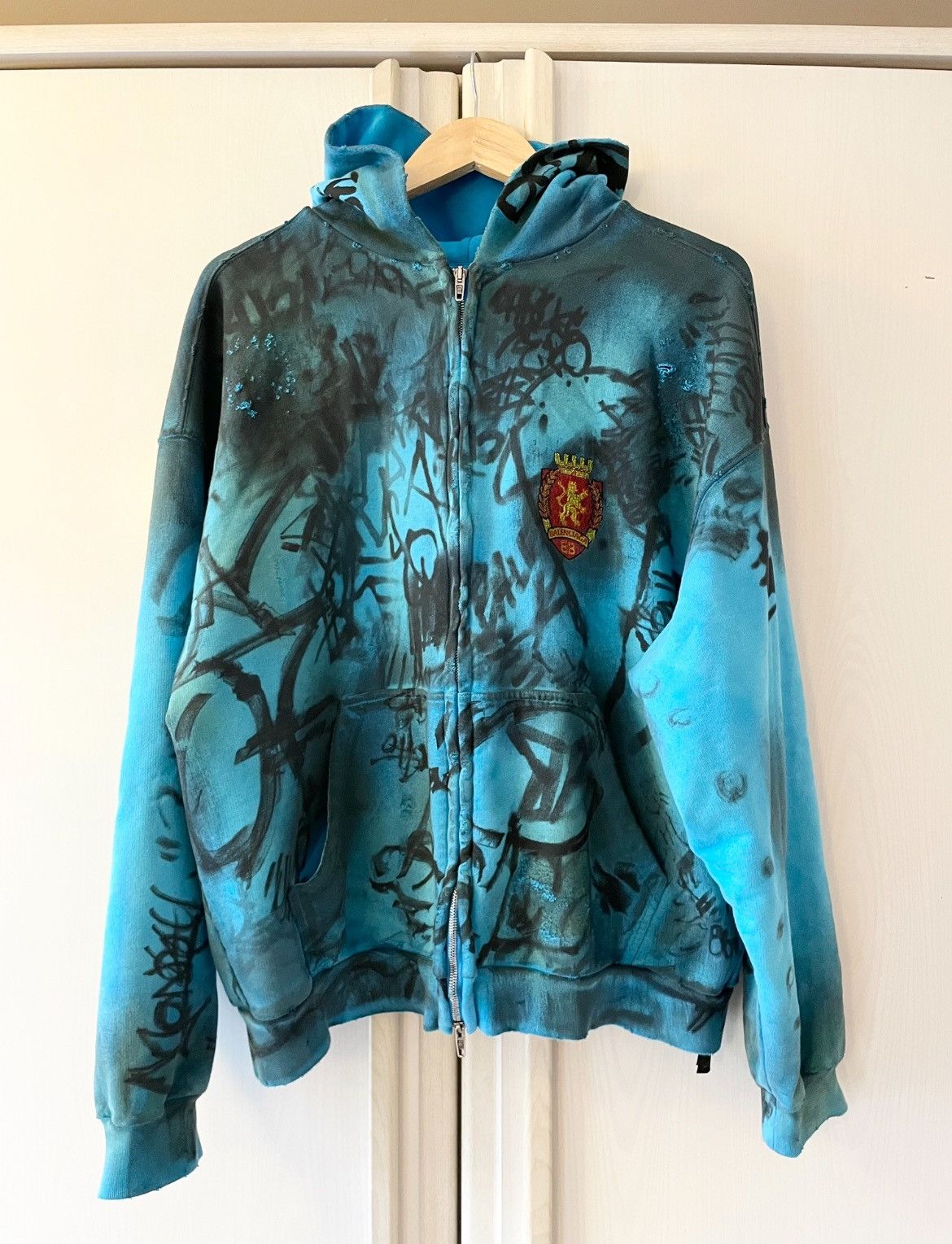 Image of Balenciaga Skater Graffiti Zip Up Hoodie Blue Mud Show, Men's (Size XS)