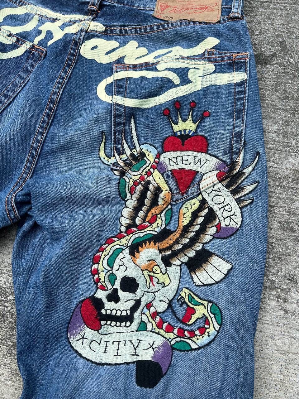 Christian Audigier × Ed Hardy × Vintage Ed hardy Embroidered Skull Denim Jeans Size US 34 / EU 50 - 3 Thumbnail