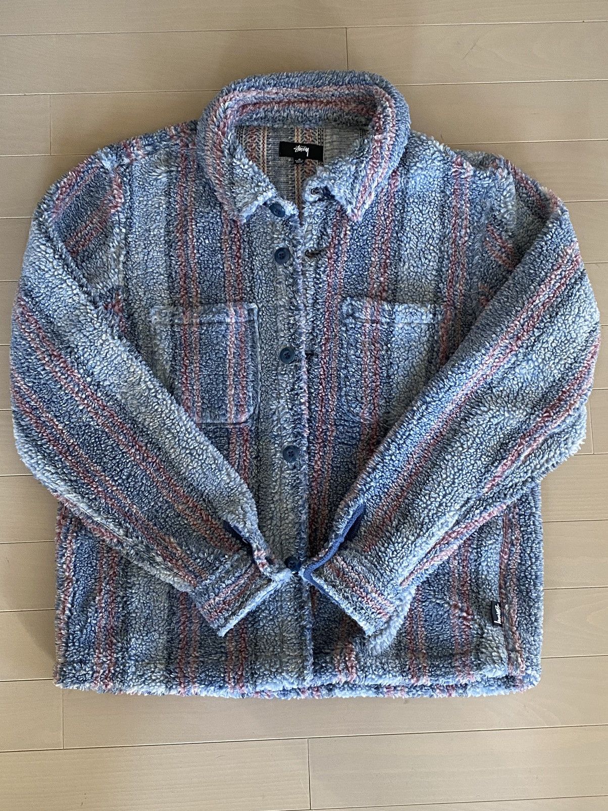 image of Stussy Striped Sherpa Shirt in Blue, Men's (Size Small)