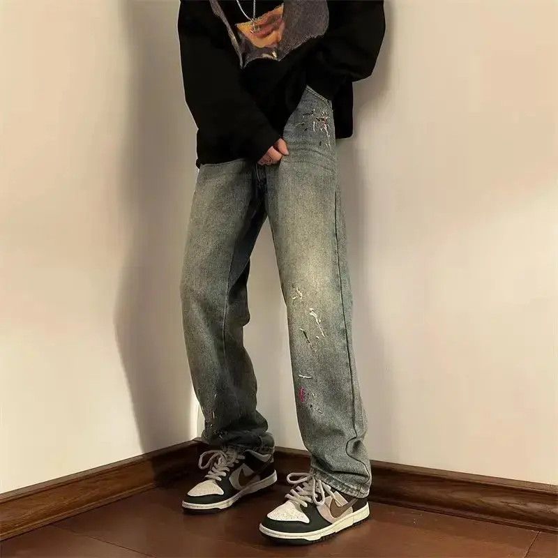 Straight tube splashed ink embroidered jeans