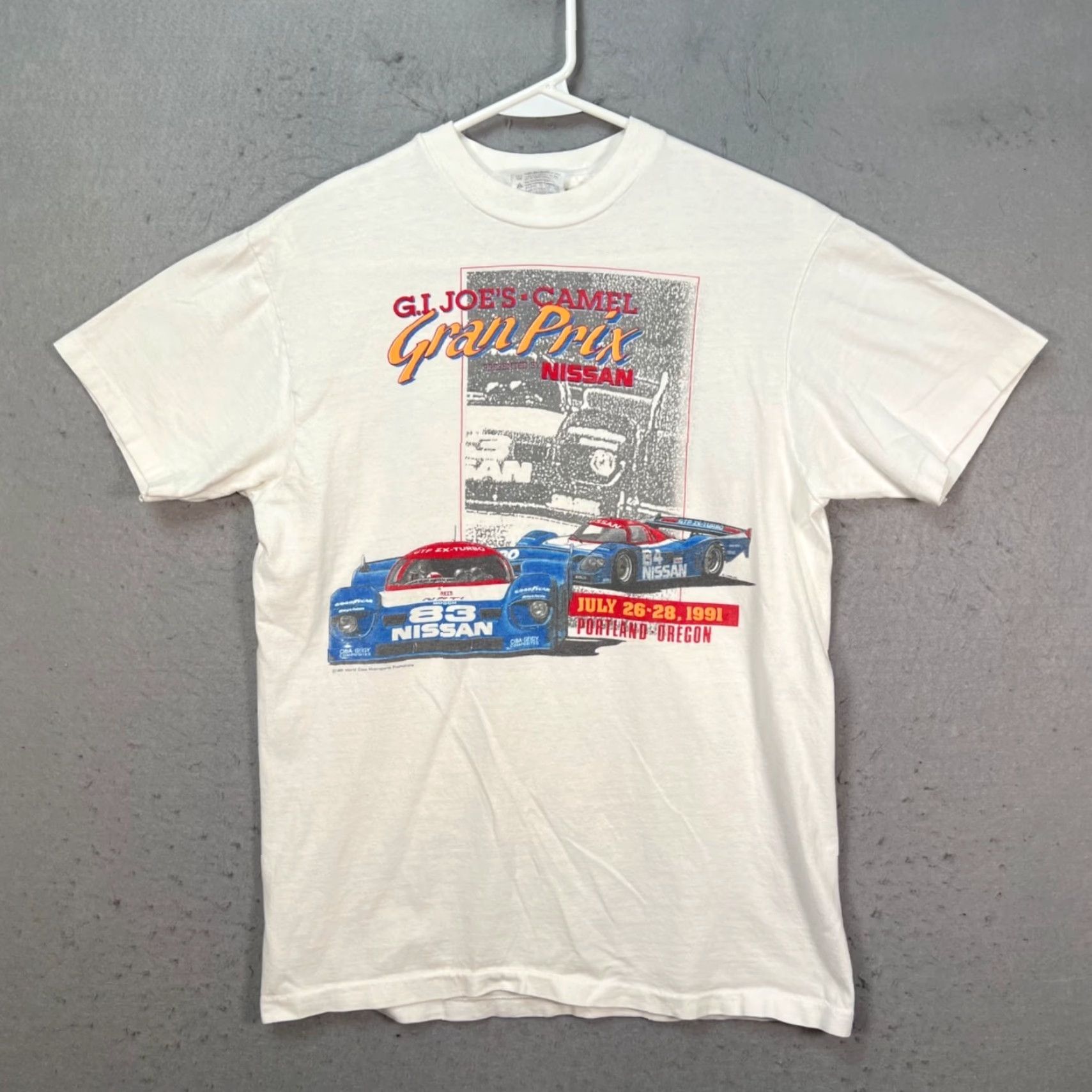 Hanes VINTAGE 1991 G.I. Joes Camel Gran Prix IMSA Nissan White T-Shirt Mens M Size Medium White Shirt Gloves? Size US M / EU 48-50 / 2 - 2 Thumbnail