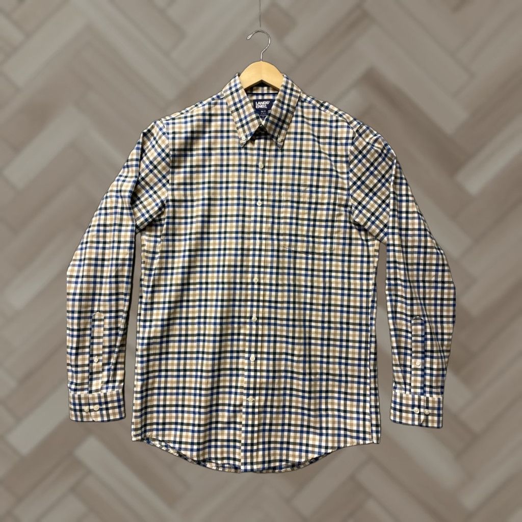 Lands' End Lands' End Button-Up Shirt Mens M Tall Tan Blue Plaid Check Long Sleeve /0487 Size US M / EU 48-50 / 2 - 1 Thumbnail