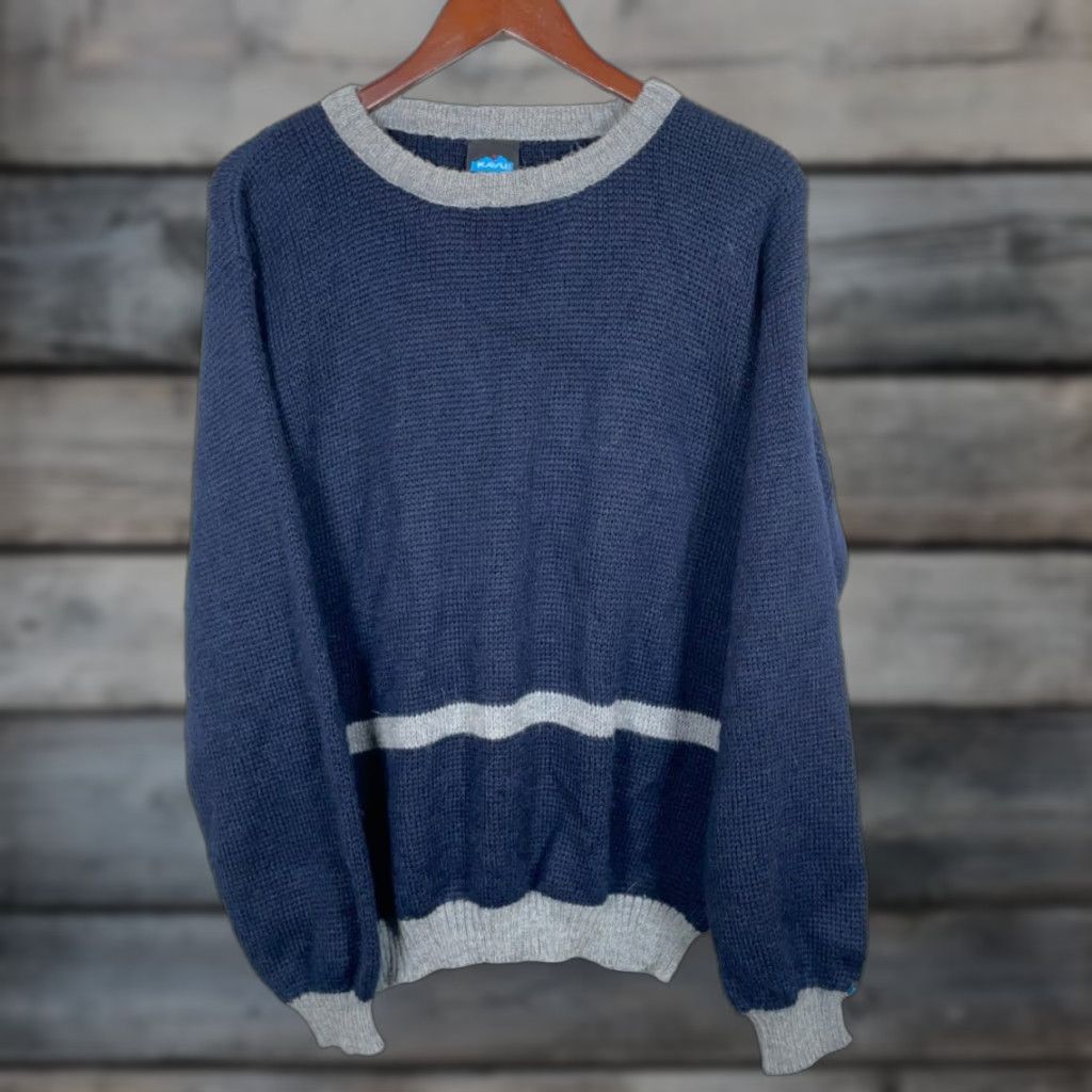 VINTAGE KAVU Sweater Shirt Men Large Dark Blue Knit Alpaca Wool Crew Neck 90s Retro Pullover