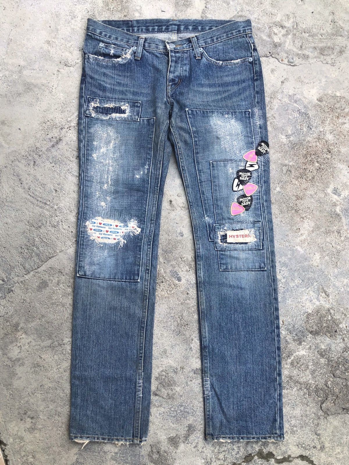 image of Hysteric Glamour Distressed Double Knee Patch Denim Pants in Blue Distressed, Men's (Size 29)