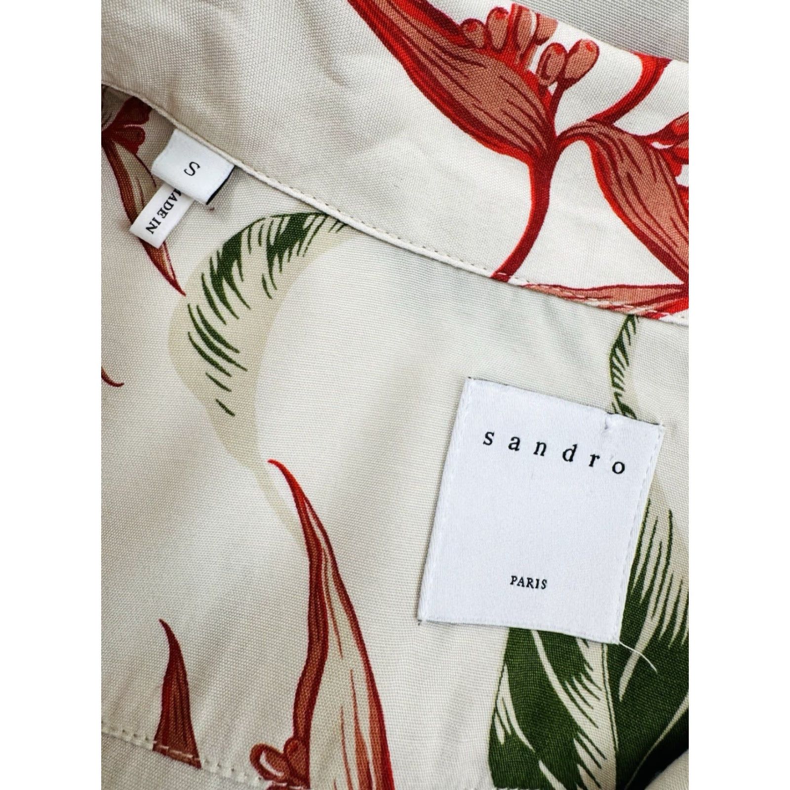 Sandro Sandro Paris - Floral Hawaiian Aloha Mens S Shirt - Floral - Hawaiian - S - Beige / Green / Red - Short Sleeve - Button-Up - EXCELLENT - Mens Size US S / EU 44-46 / 1 - 4 Thumbnail