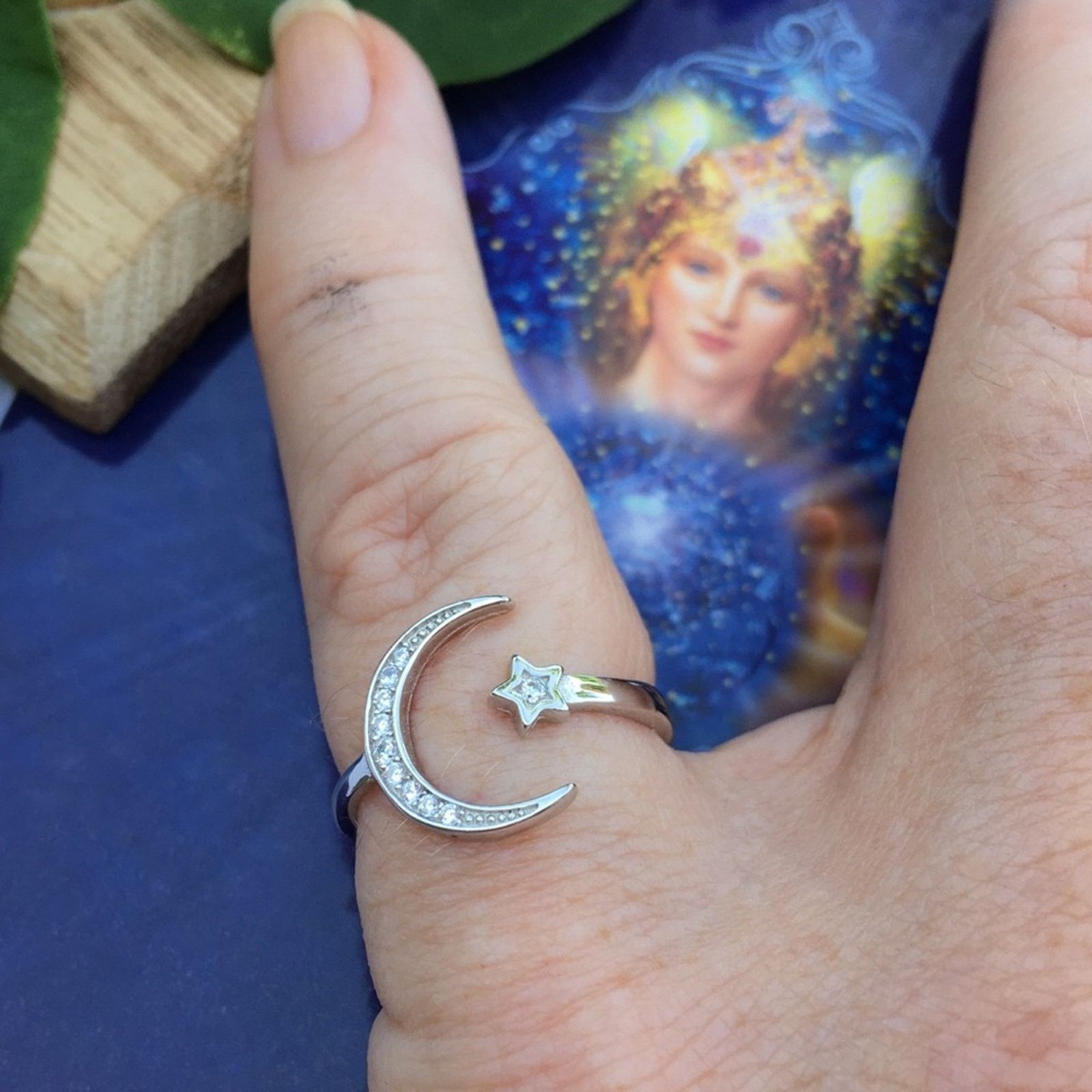 The Unbranded Brand Crescent Moon & Star Sterling Silver CZ Ring Size ONE SIZE - 1 Thumbnail