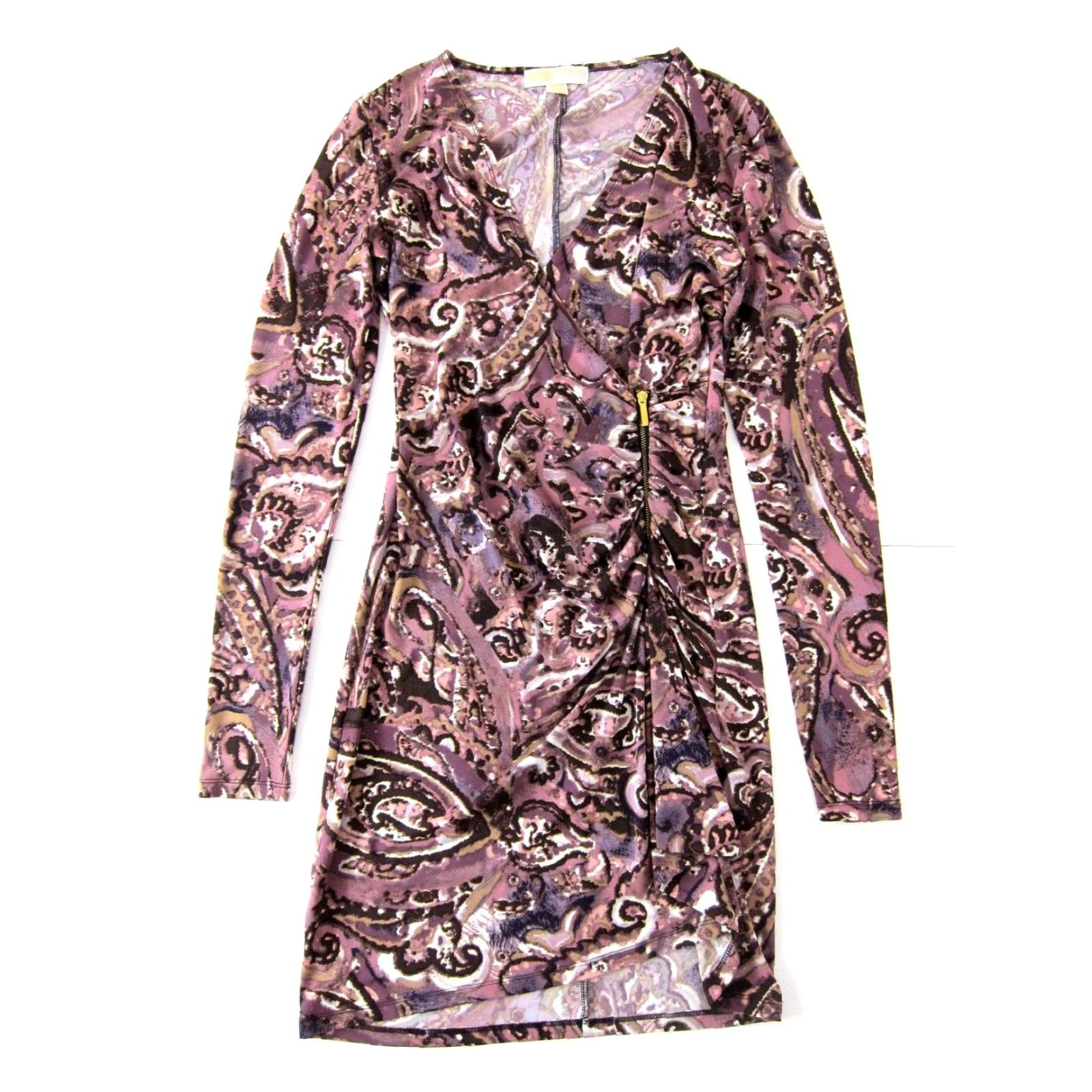 Michael Kors Michael Kors Pink Purple Long Sleeve V-Neck Stretch Wrap Dress 6 Women Dress Knit Geometric Pattern, 80s 90s Theme, Regular Size Size M / US 6-8 / IT 42-44 - 2 Thumbnail