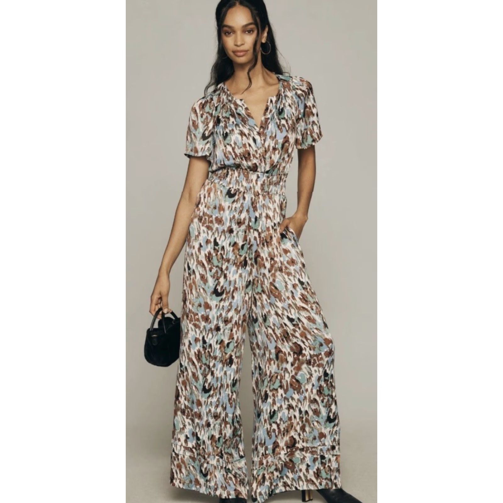 Anthropologie Anthropologie Jumpsuit Turquoise Abstract Print XS-Tall Multicolor V-Neck Short Sleeve Wide-Leg Pockets NWT Size 26" / US 2 / IT 38 - 2 Thumbnail