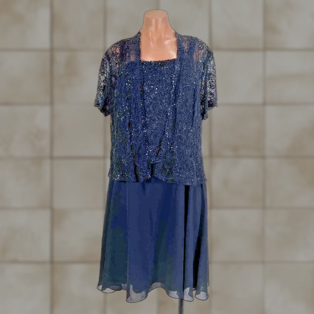 VINTAGE David's Bridal 2 Piece Dress/Jacket Navy Blue 18W Lace Sequin  Chiffon Plus Size Womens Dress/Jacket Set