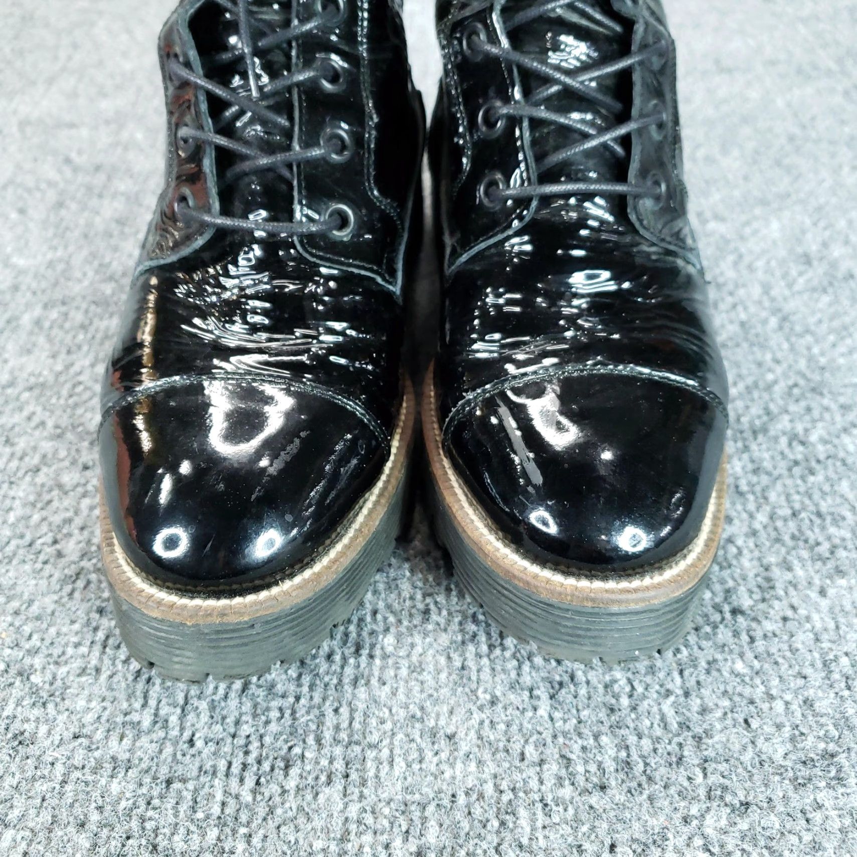 Vintage Shellys London Combat Boots Womens 7.5 Black Patent Leather Lug Sole Mid-Calf Size US 8 / IT 38 - 3 Thumbnail
