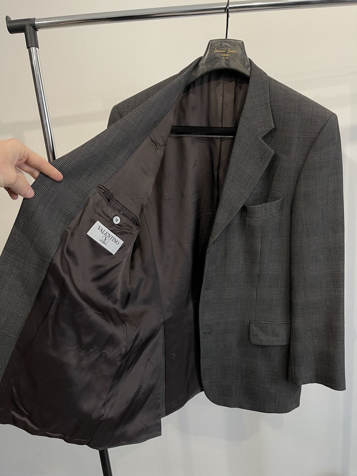 Valentino Vintage Valentino Uomo Grey Brown Plaid Wool Blazer Jacket Size 44R - 8 Thumbnail