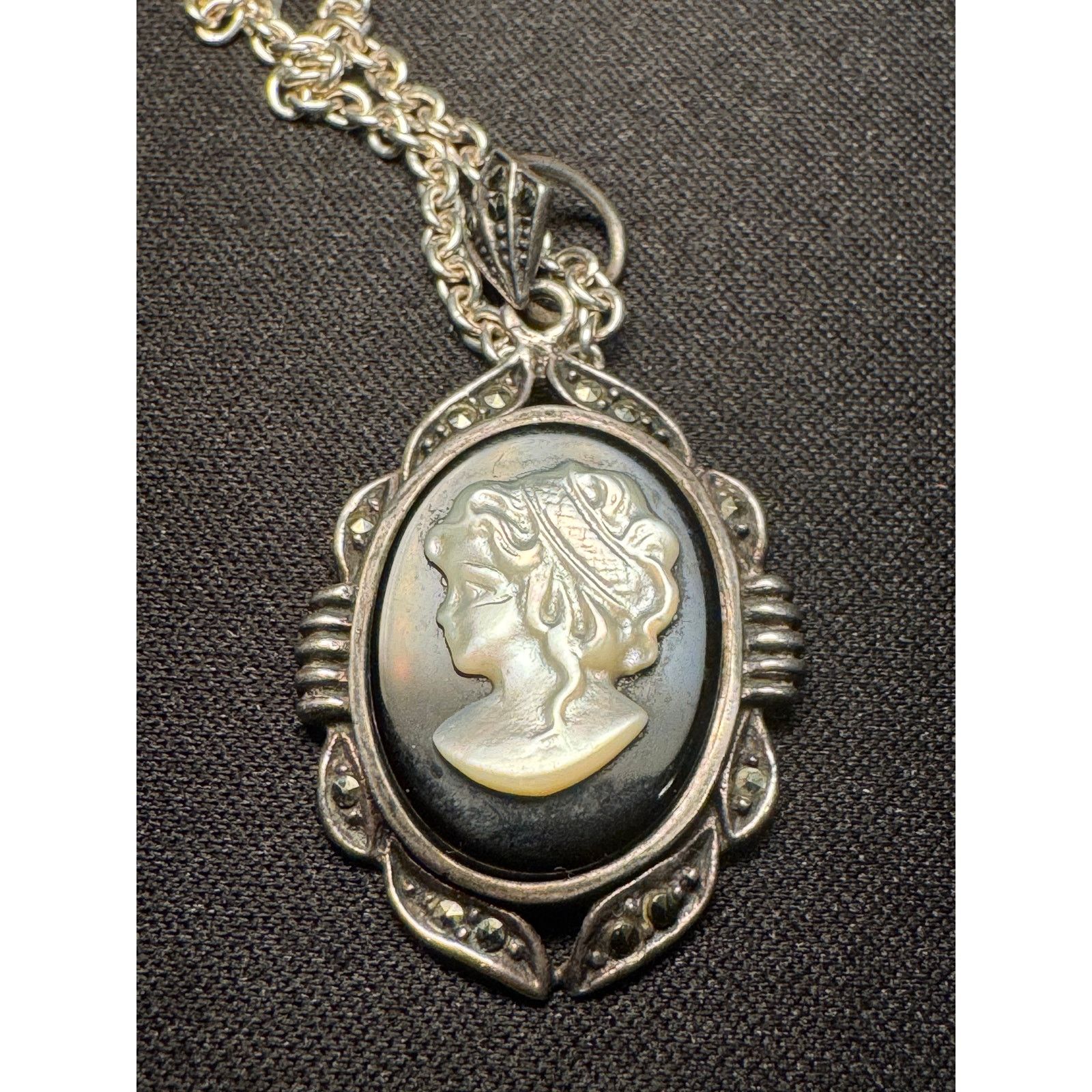 Other 925 Italy Sterling Silver MOP Onyx Marcasite Cameo Necklace Size ONE SIZE - 3 Thumbnail