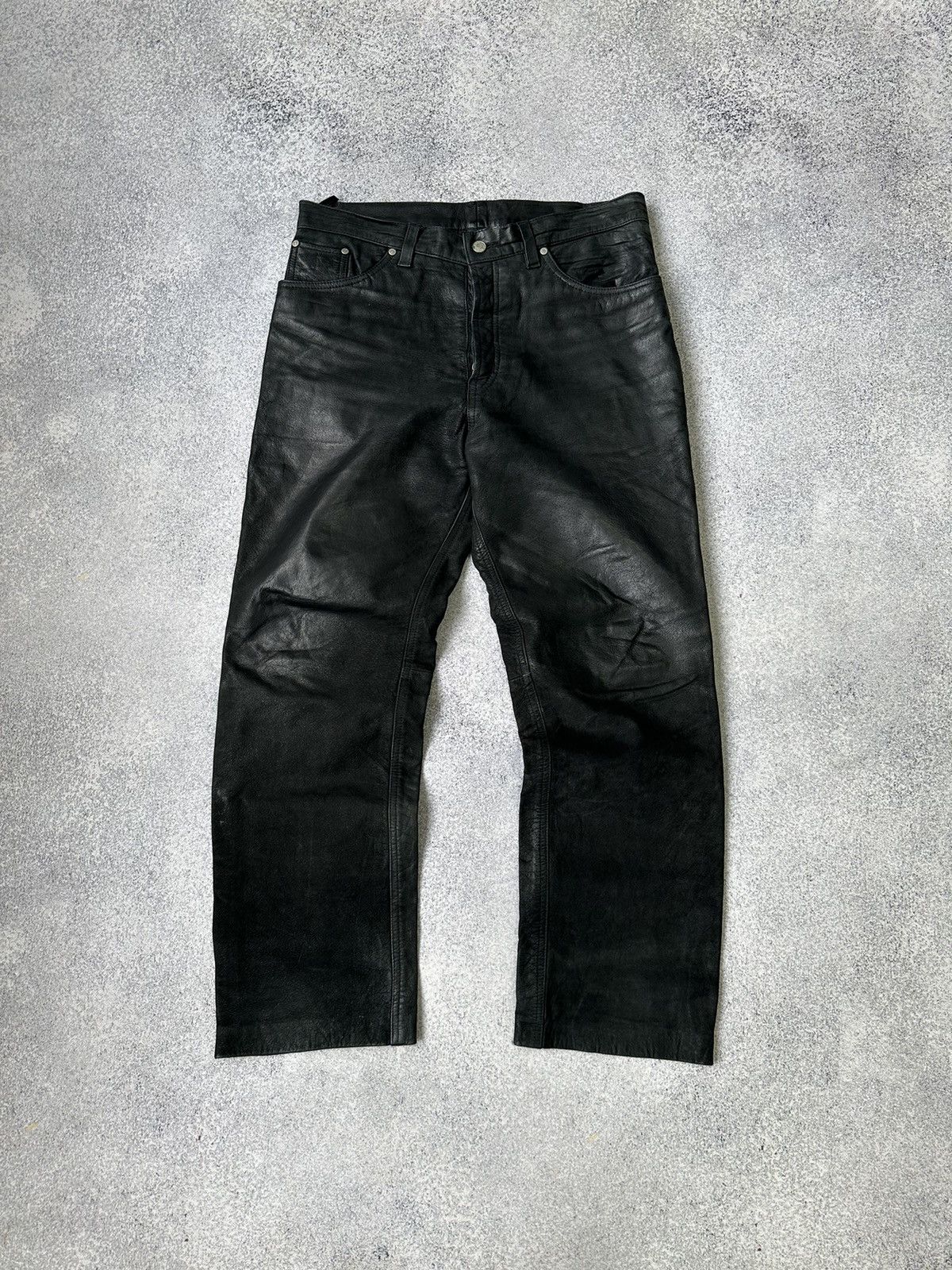 image of Genuine Leather Straight Black Biker Pants, Men's (Size 34)