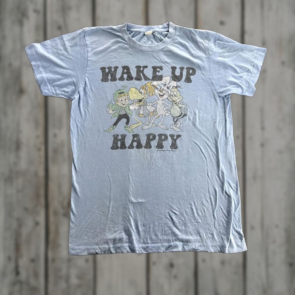 Vintage Wake Up Happy Shirt Mens Medium Light Blue Cartoon Cereal Mascots Graphic Tee Size US L / EU 52-54 / 3 - 1 Thumbnail