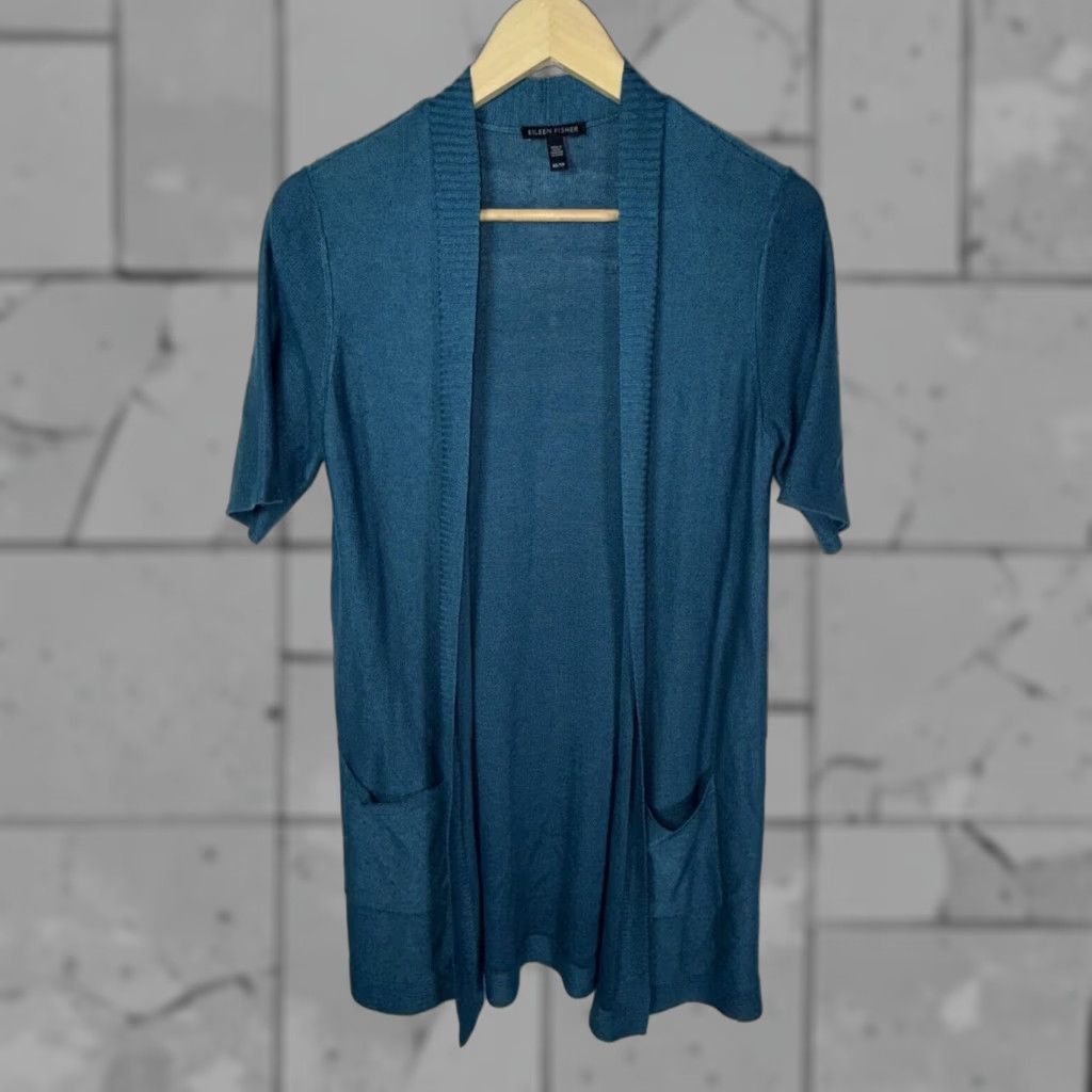 Eileen Fisher Eileen Fisher Teal Long Duster Open Front Cardigan TENCEL BLEND Womens XS Blue Cardigan Sweater Pockets Tencel Blend Size XS / US 0-2 / IT 36-38 - 1 Thumbnail