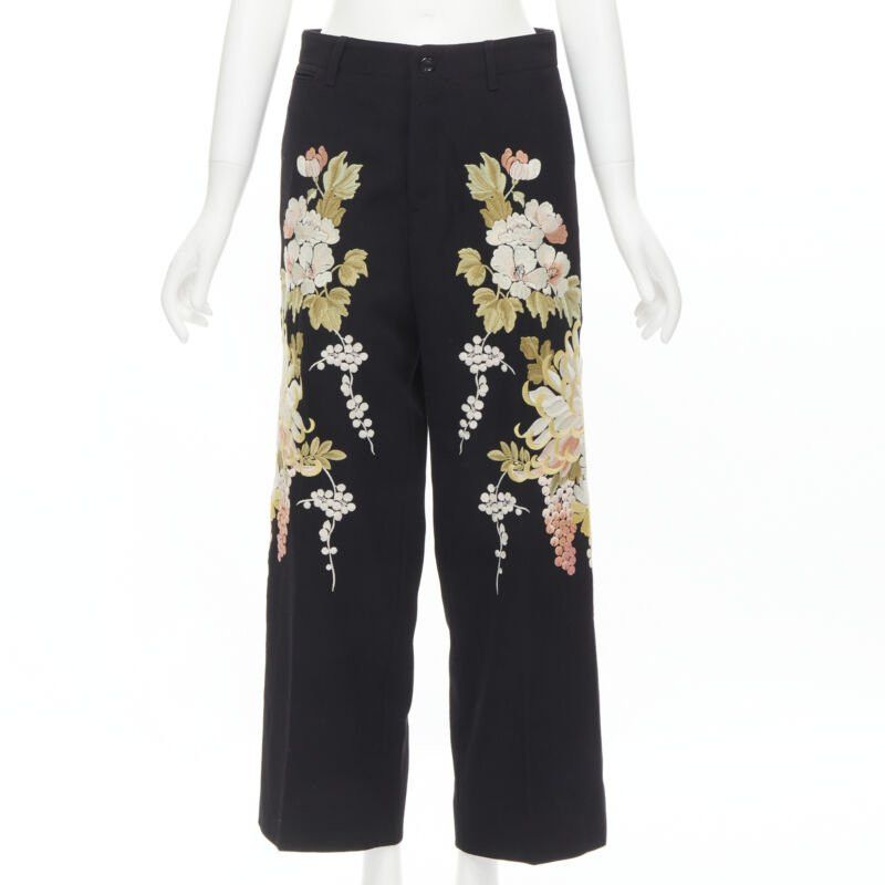 Gucci GUCCI 2017 black wool chrysanthemum floral embroidery wide leg trousers IT38 XS Size 26" / US 2 / IT 38 - 1 Thumbnail