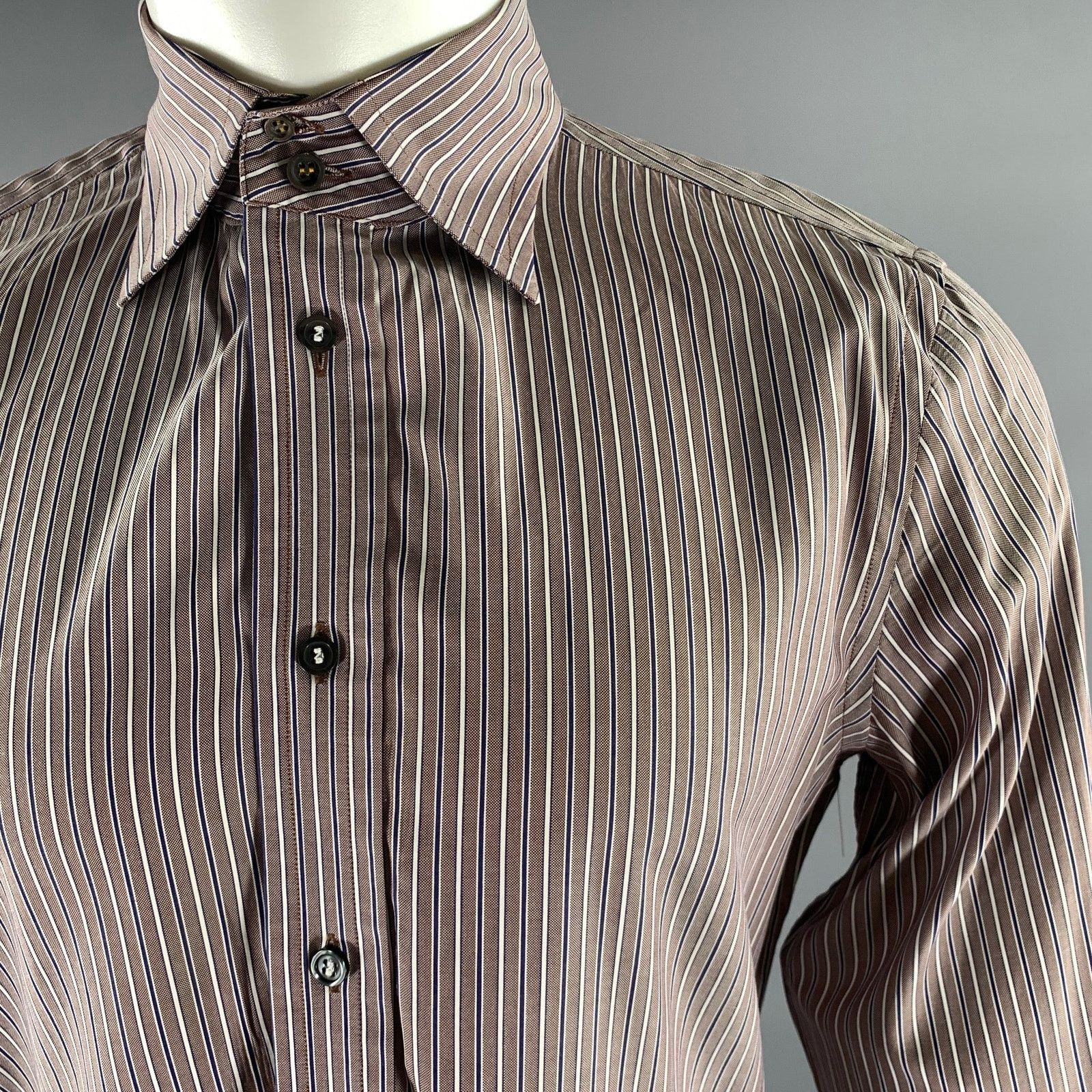 Dsquared2 DSQUARED2 M Brown Blue Stripe Cotton Long Sleeve Shirt Size 42R - 2 Thumbnail