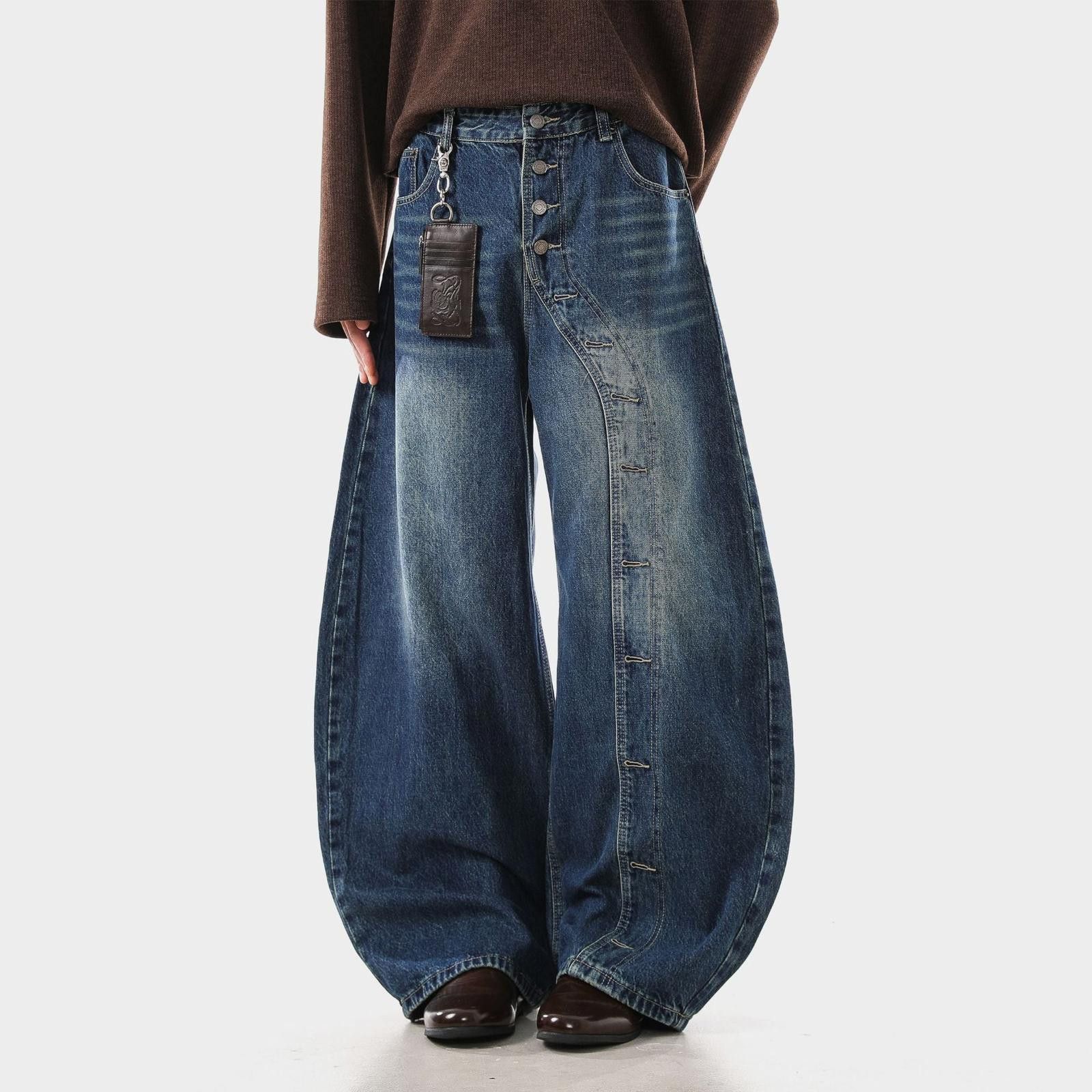 Blue Wide Leg Denim Jeans, Baggy Button Fly Jeans