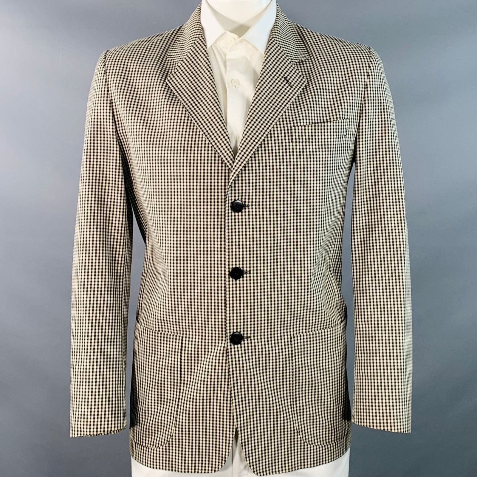agnes b. Cream Black Gingham Cotton Slim Fit Notch Lapel Sport Coat Size 42R - 1 Thumbnail