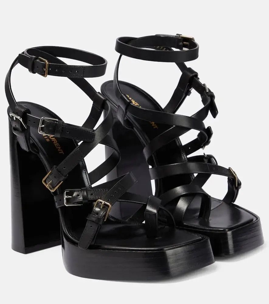 Saint Laurent Paris o1b1hav111224 Platz Platform Sandals in Smooth Leather Black Size US 10.5 / IT 40.5 - 9 Thumbnail