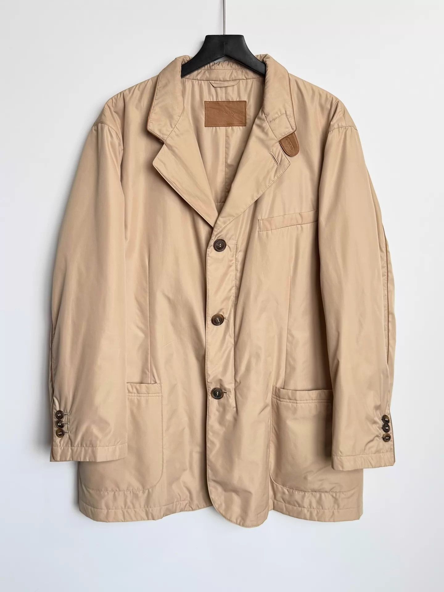 Salvatore Ferragamo Ferragamo Beige Leather-Paneled Padded Suit Jacket 54 Size US L / EU 52-54 / 3 - 1 Thumbnail