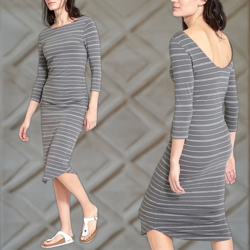 Athleta Athleta Dress Womens XS Gray White Striped Ruched Side Bodycon Midi Long Sleeve Size XS / US 0-2 / IT 36-38 - 1 Thumbnail