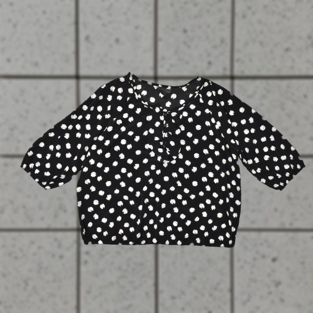 Vintage Lane Bryant Blouse Womens Plus 26 Black White Polka Dot Ruffle Button Front 3/4 Sleeve Round Neck Casual Spring Summer Fall Polyester Machine Washable Size 4XL / US 24-26 - 1 Thumbnail