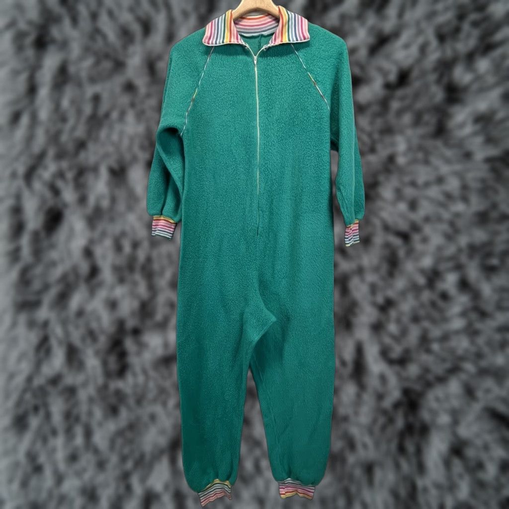 Rainbow VINTAGE Unbranded Fleece Adult Pajamas Sz 13 Medium Green Rainbow Trim 70s Womens Size ONE SIZE - 1 Thumbnail