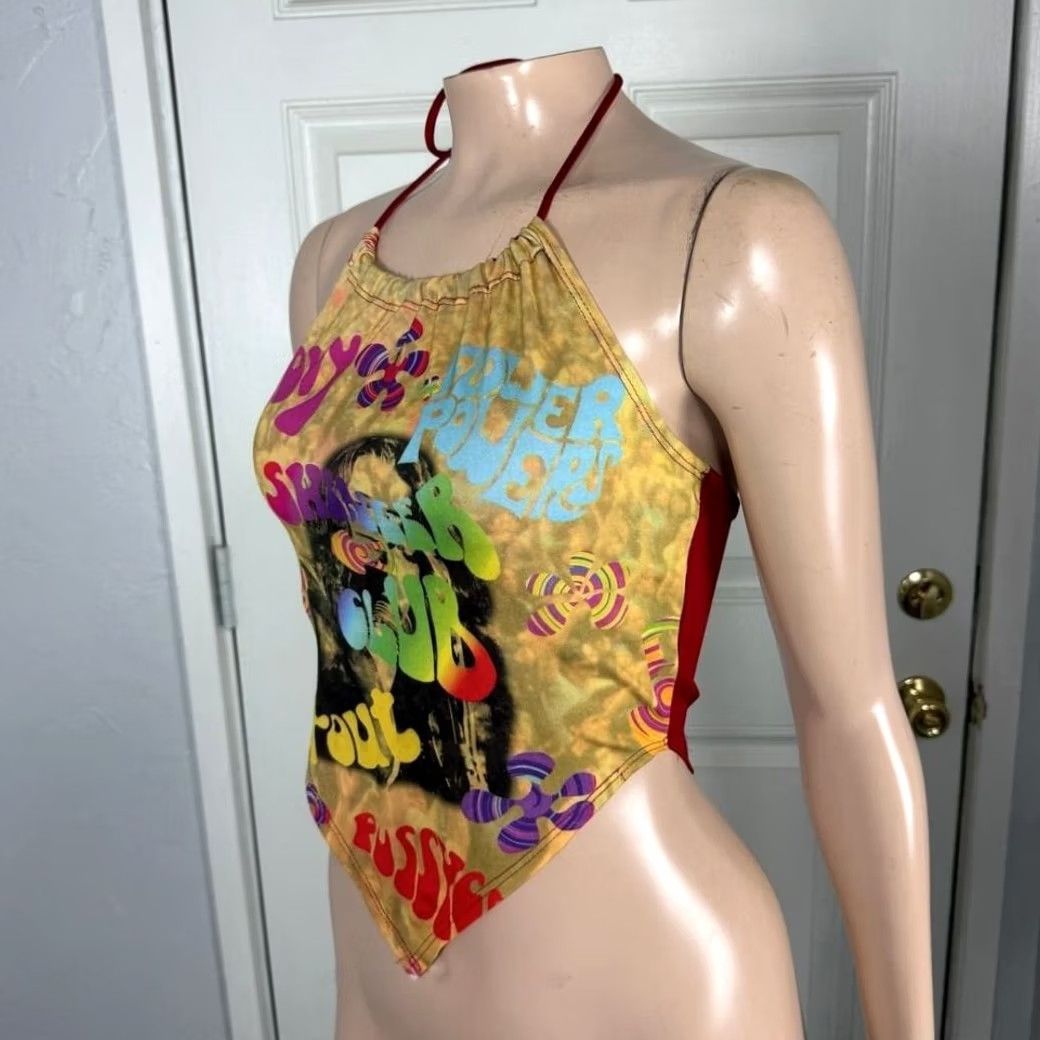 Vintage VINTAGE Dot Women's Shirt S Red Cropped Sleeveless Floral Knit/Polyester Blouse 70s Groovy Halter Top W3-3 Size S / US 4 / IT 40 - 3 Thumbnail