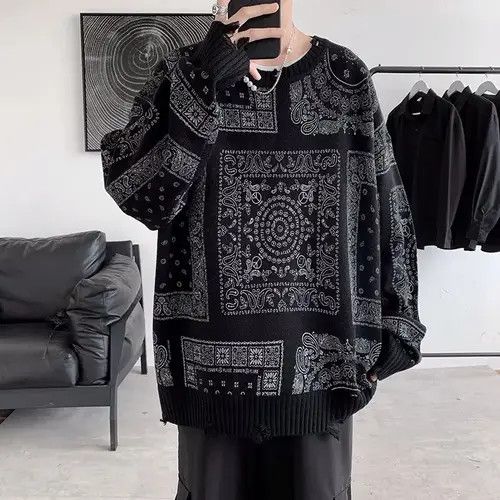 Japanese Brand Black distressed paisley bandana sweater jumper knitwear Size US L / EU 52-54 / 3 - 1 Thumbnail