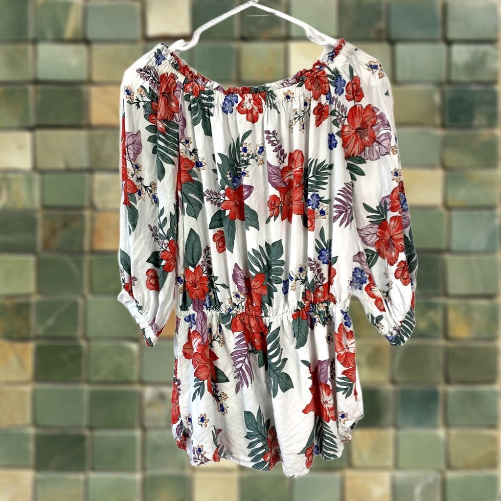 Vintage Joss Swimwear Women's M Off the Shoulder Floral Tropical Rayon Mini Dress Tunic Top, Elastic Waist, 3/4 Balloon Sleeves, White Size M / US 6-8 / IT 42-44 - 1 Thumbnail