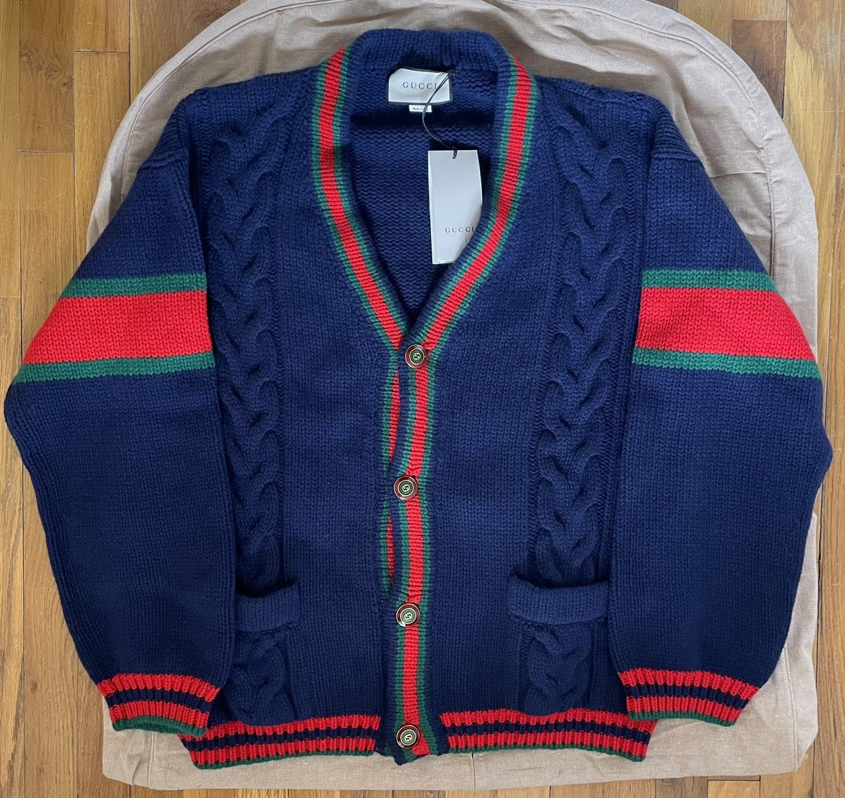 image of Gucci Cable Knit Wool Cardigan in Blue, Men's (Size 2XL)