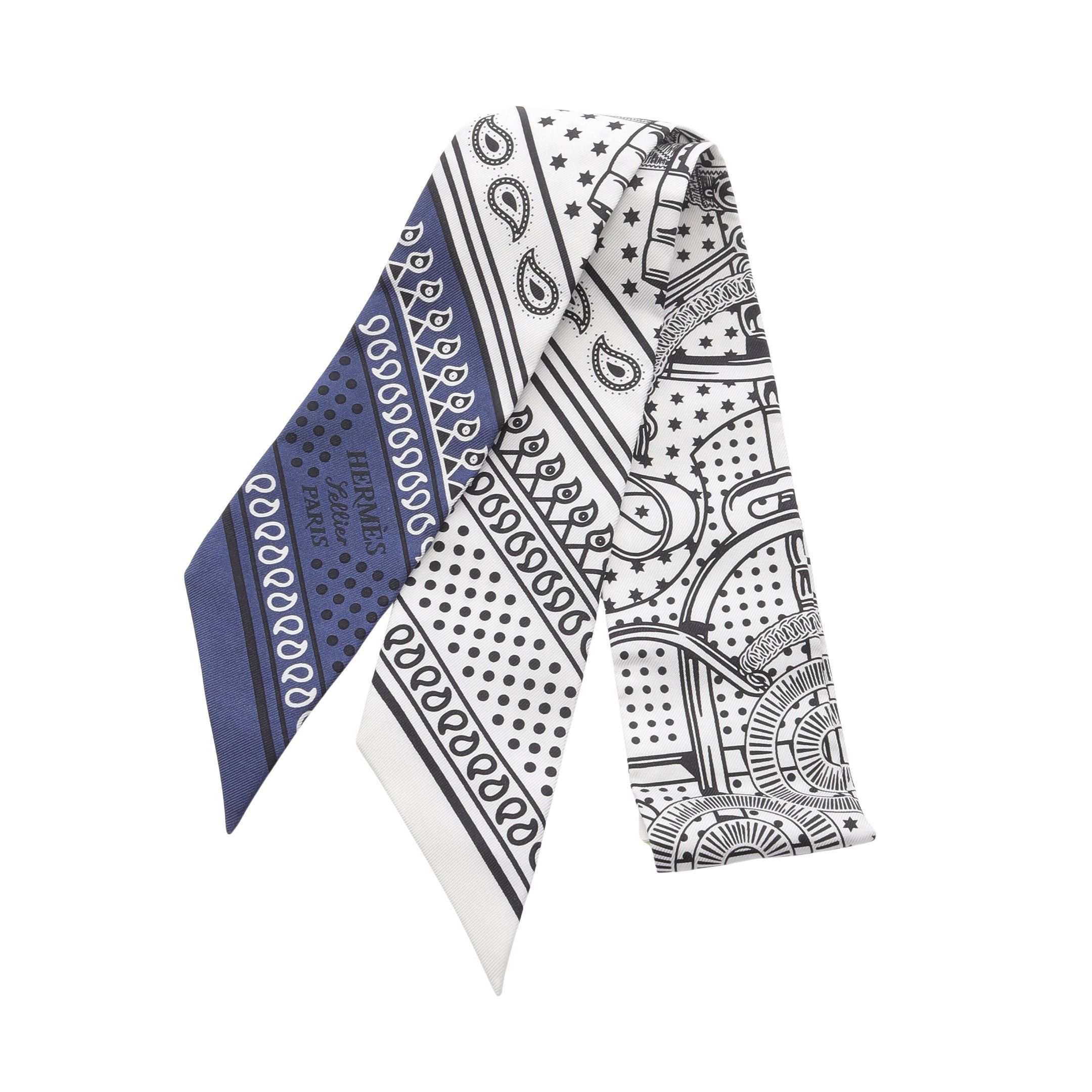 Hermes Twilly Eperon Ribbon Scarf Silk White Black Navy